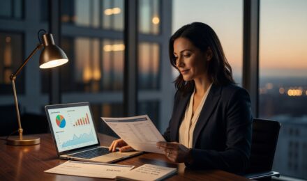 Person reviewing investment options for their year-end bonus on a laptop with financial charts