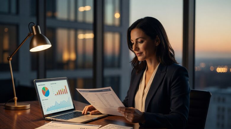 Person reviewing investment options for their year-end bonus on a laptop with financial charts