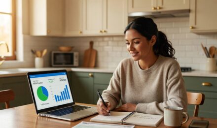 Person reviewing investment options for their tax refund on a laptop with financial charts