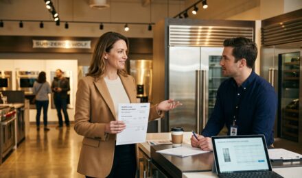 Person negotiating a lower price with a salesperson at a store counter
