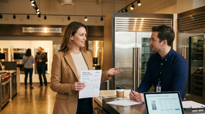 Person negotiating a lower price with a salesperson at a store counter