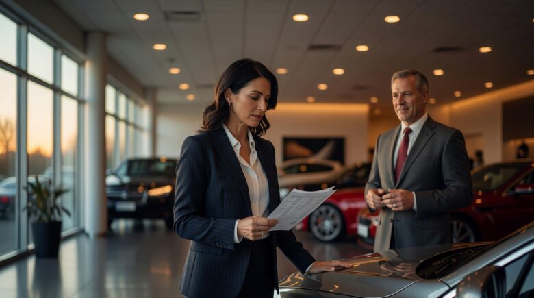 Person negotiating a lower price with a salesperson at a store counter