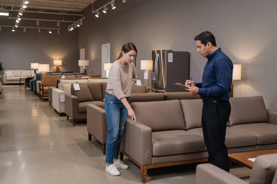 Person negotiating a purchase at a retail store counter with a salesperson