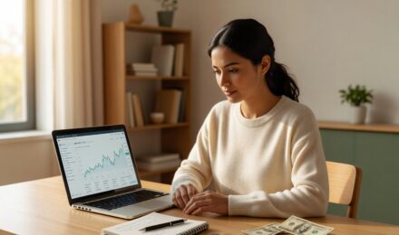 Beginner investor opening a brokerage account on a laptop with a small amount of money