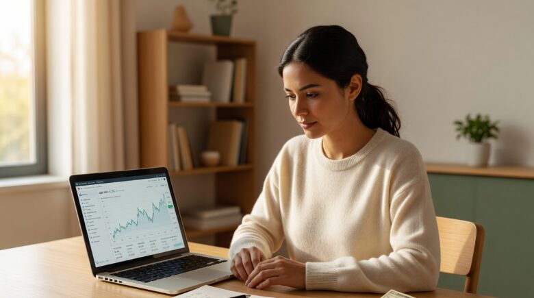 Beginner investor opening a brokerage account on a laptop with a small amount of money