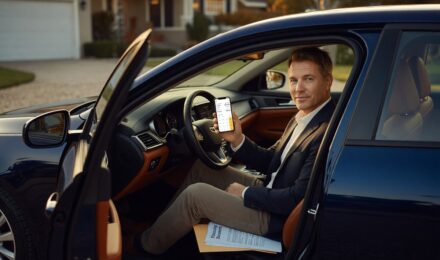 Person reviewing auto loan refinancing documents at a desk with a calculator and car keys nearby