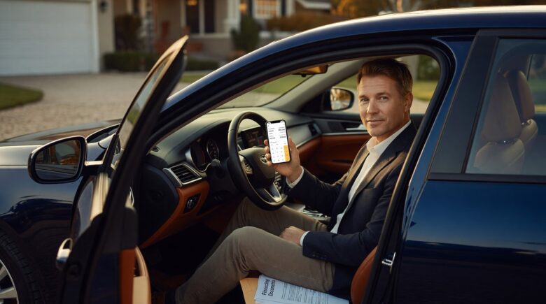 Person reviewing auto loan refinancing documents at a desk with a calculator and car keys nearby
