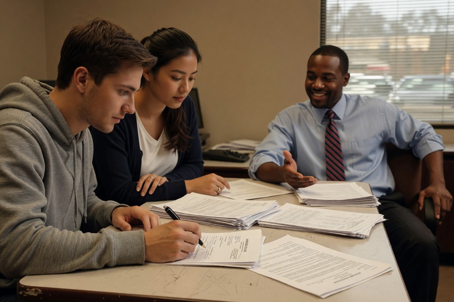 A person reviewing auto loan documents and comparing new loan offers on a laptop