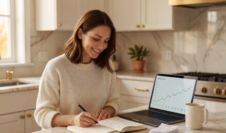 Person tracking monthly savings progress in a notebook to save 10000 in a year