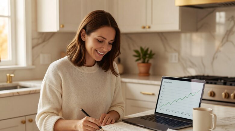 Person tracking monthly savings progress in a notebook to save 10000 in a year