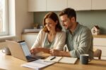 Person reviewing a savings plan on a laptop with a small model house and piggy bank on the desk