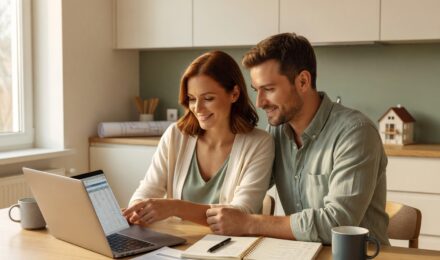 Person reviewing a savings plan on a laptop with a small model house and piggy bank on the desk