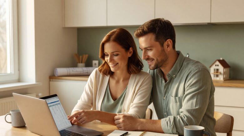 Person reviewing a savings plan on a laptop with a small model house and piggy bank on the desk