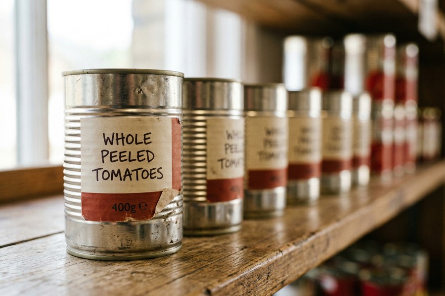 Split-screen comparison of store-brand vs. name-brand grocery items in a cart