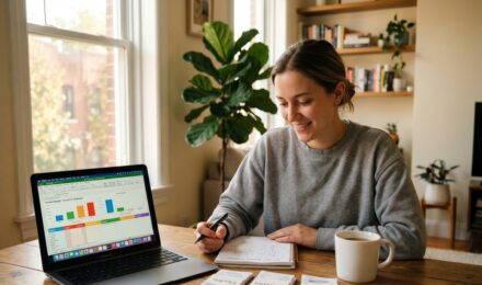 Person reviewing budget and bills at a desk to stop living paycheck to paycheck