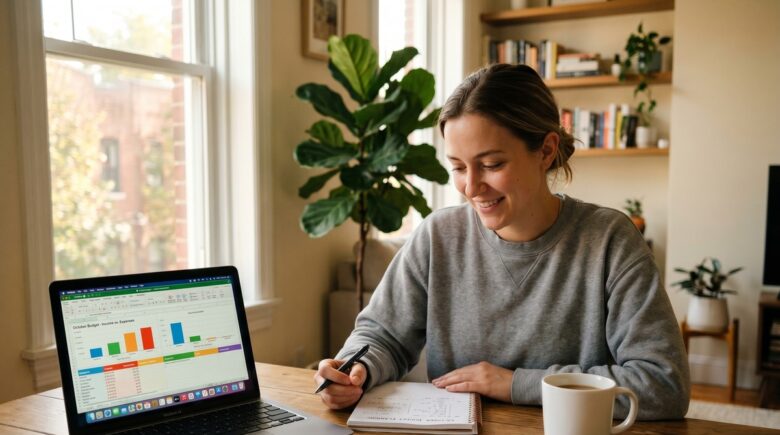 Person reviewing budget and bills at a desk to stop living paycheck to paycheck