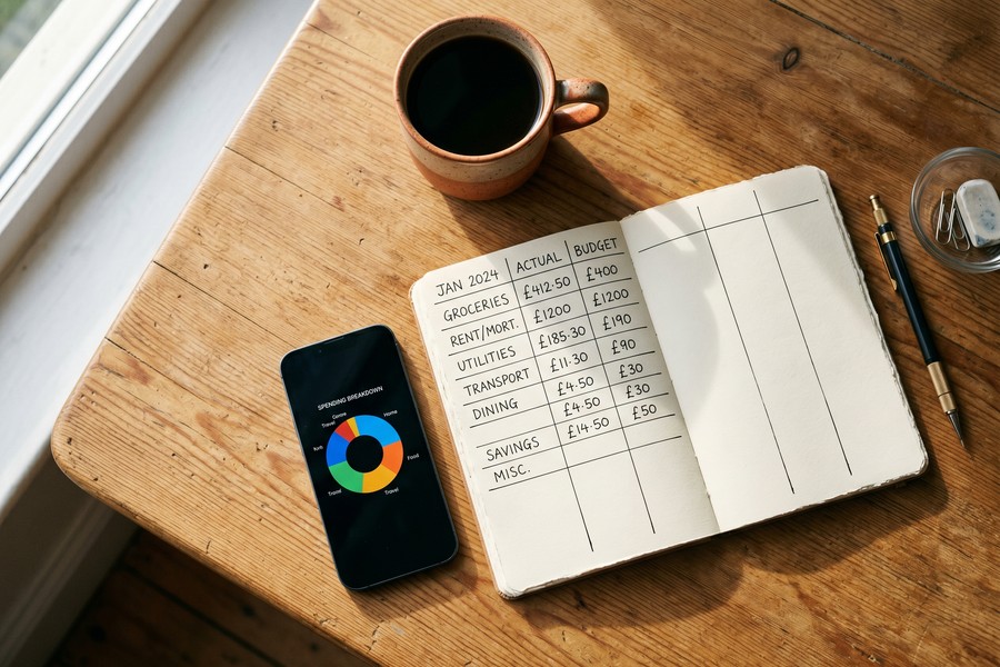 A person reviewing bank statements and categorizing monthly expenses on a laptop