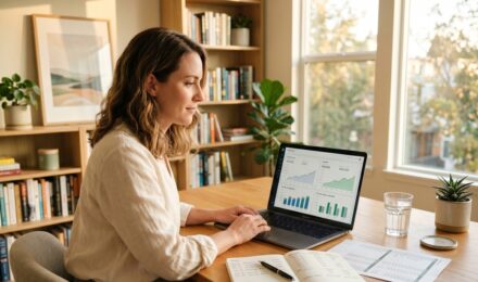 Person tracking their net worth on a laptop with financial charts and a notebook