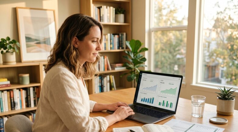 Person tracking their net worth on a laptop with financial charts and a notebook
