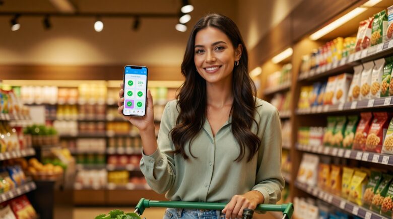 Person using a cashback app on their smartphone while shopping to maximize everyday savings