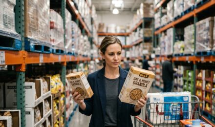 Person comparing bulk product prices at a warehouse store using a cost-per-unit calculation on their phone
