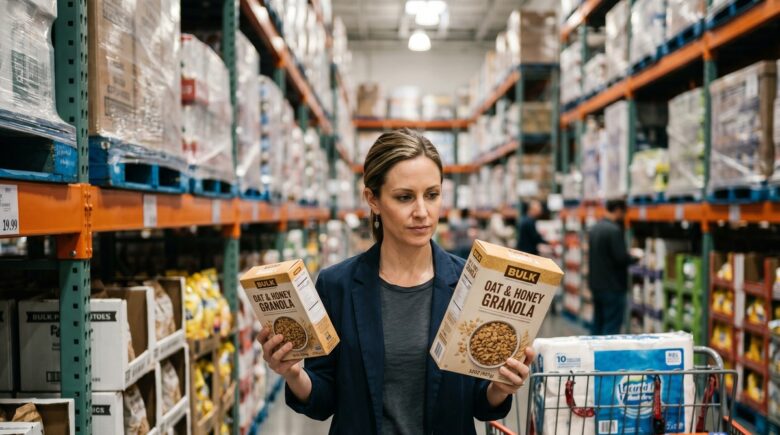 Person comparing bulk product prices at a warehouse store using a cost-per-unit calculation on their phone