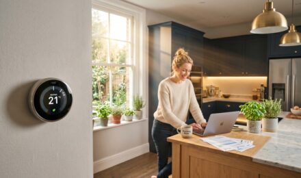 Person reviewing lower utility bills at home with energy-saving light bulbs and thermostat in background