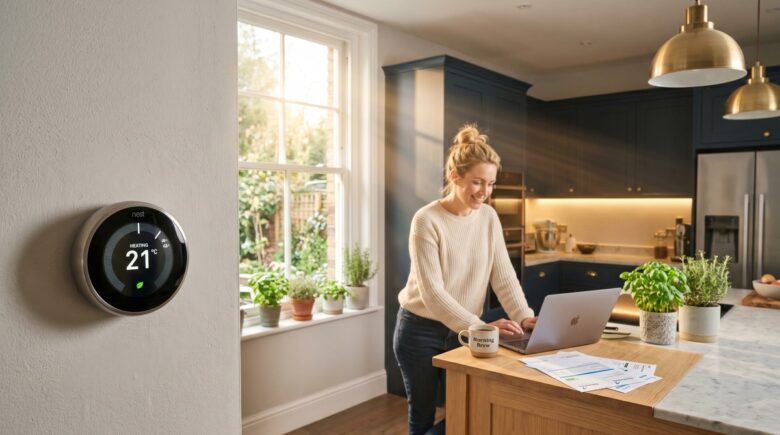 Person reviewing lower utility bills at home with energy-saving light bulbs and thermostat in background