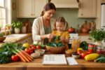 Family meal planning on a budget with groceries and a weekly meal plan on a kitchen table