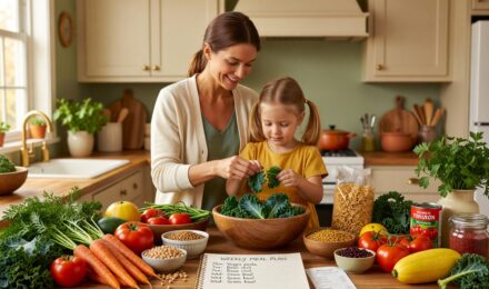 Family meal planning on a budget with groceries and a weekly meal plan on a kitchen table