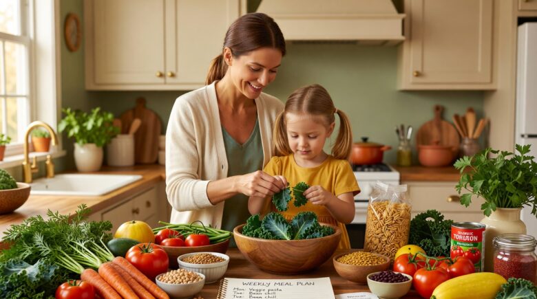Family meal planning on a budget with groceries and a weekly meal plan on a kitchen table