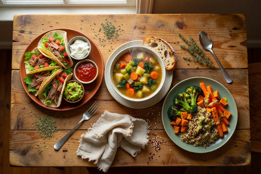 A weekly meal plan written on a whiteboard with a grocery list beside it