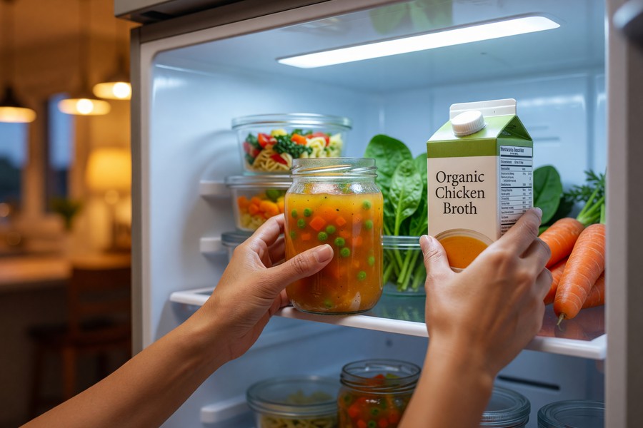 Organized refrigerator with labeled containers and fresh produce visible