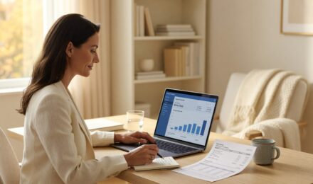 Person reviewing money market account strategy on laptop with cash and savings charts on desk