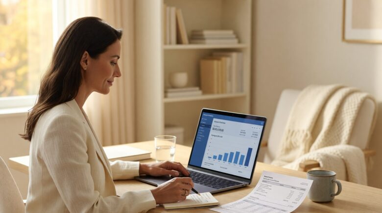Person reviewing money market account strategy on laptop with cash and savings charts on desk
