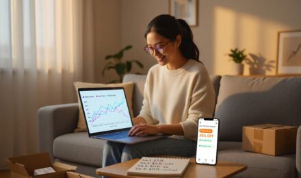 Person using online shopping price tracking tools on a laptop to compare product prices