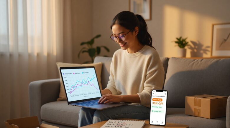 Person using online shopping price tracking tools on a laptop to compare product prices