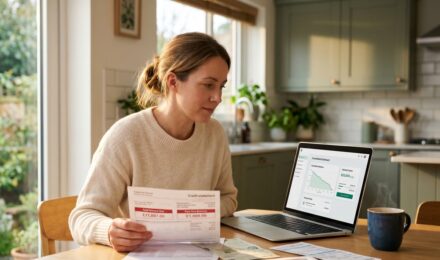 Person reviewing personal loan debt consolidation options on a laptop with financial documents nearby
