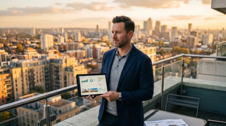 Side-by-side comparison of REITs vs rental property investment options with real estate icons and financial charts