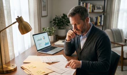 Person reviewing Roth IRA conversion strategy documents with a calculator and retirement planning charts on a desk