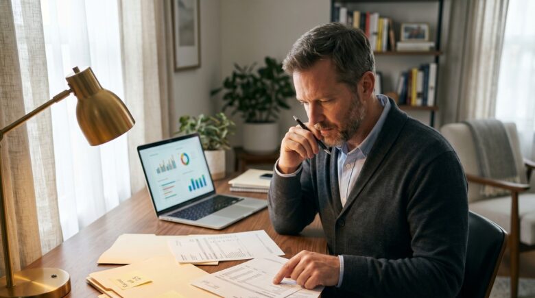 Person reviewing Roth IRA conversion strategy documents with a calculator and retirement planning charts on a desk