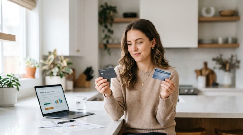 Side-by-side comparison of a secured and unsecured credit card on a wooden desk