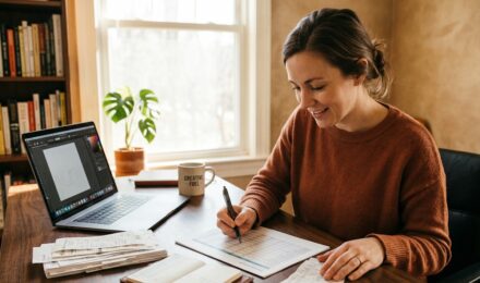 Self-employed person reviewing tax deductions on a laptop with financial documents