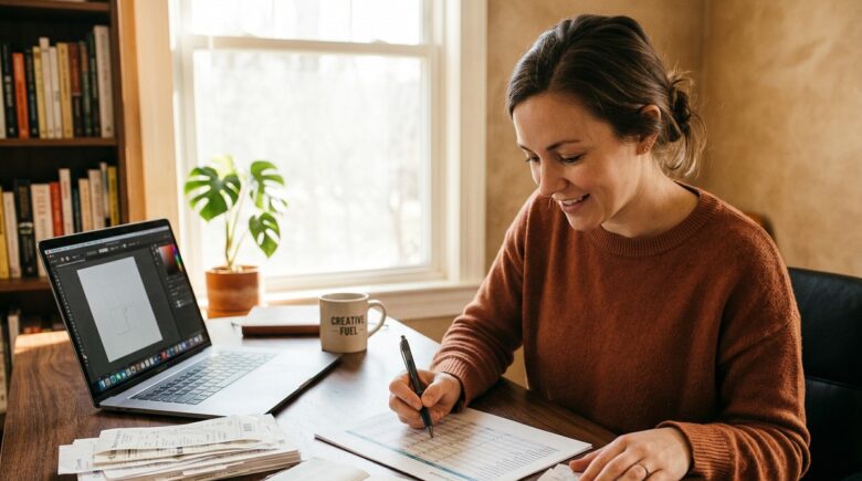 Self-employed person reviewing tax deductions on a laptop with financial documents