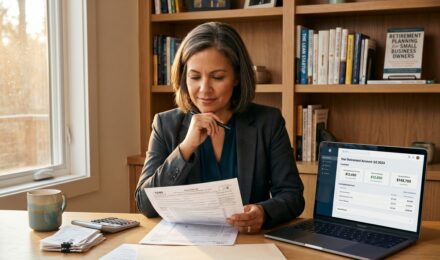 Small business owner reviewing SEP-IRA tax benefits and retirement contribution documents at a desk