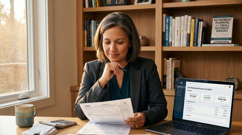 Small business owner reviewing SEP-IRA tax benefits and retirement contribution documents at a desk