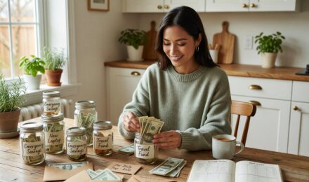 Person organizing sinking fund savings into labeled envelopes for planned expenses