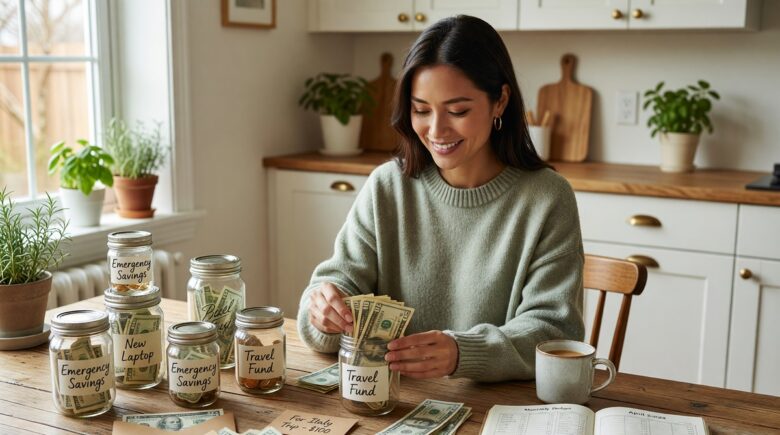 Person organizing sinking fund savings into labeled envelopes for planned expenses