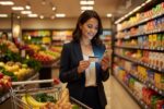 Shopper scanning loyalty card at store checkout to earn rewards and save money