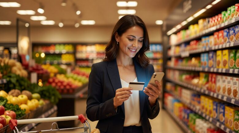 Shopper scanning loyalty card at store checkout to earn rewards and save money